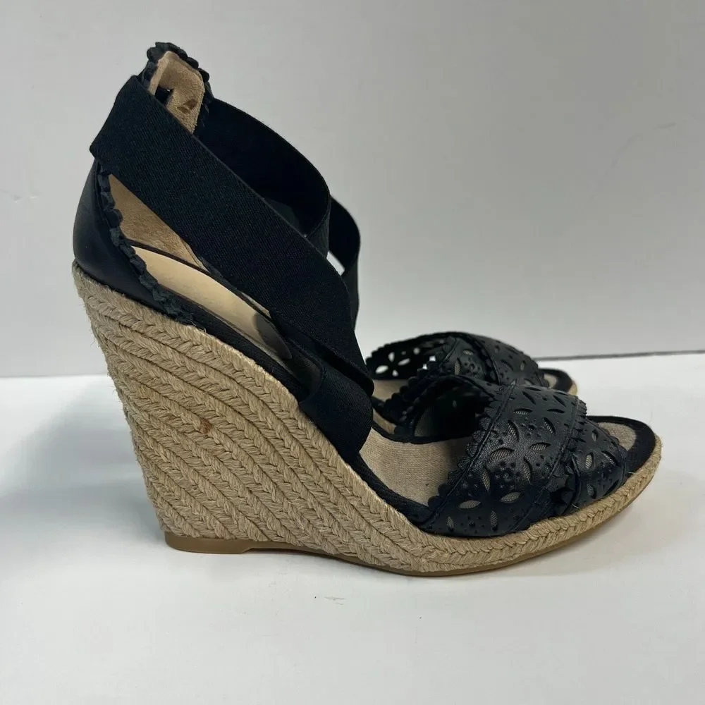 CLUB‎ MONACO Llullo Wedge Sandals Espadrilles Size 40 Black Leather NWOB